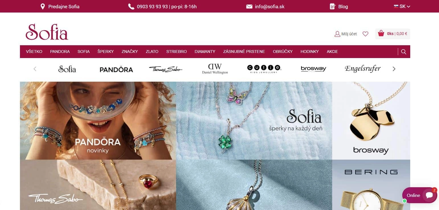 homepage e-shopu Sofia s obrázkami rôznych šperkov