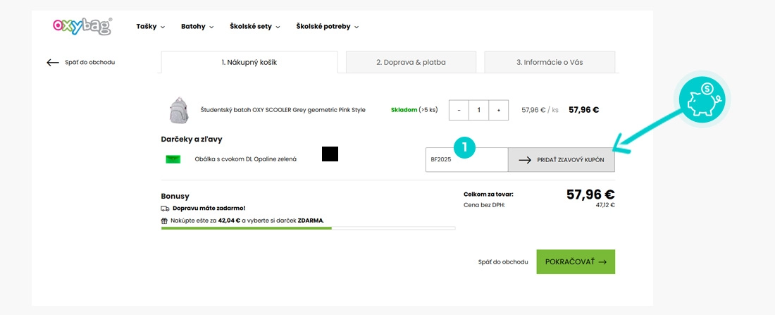 Návod ako uplatniť zľavový kód v košíku e-shopu Oxybag