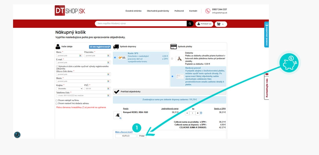 Návod ako uplatniť zľavový kód v košíku e-shopu DTshop.sk