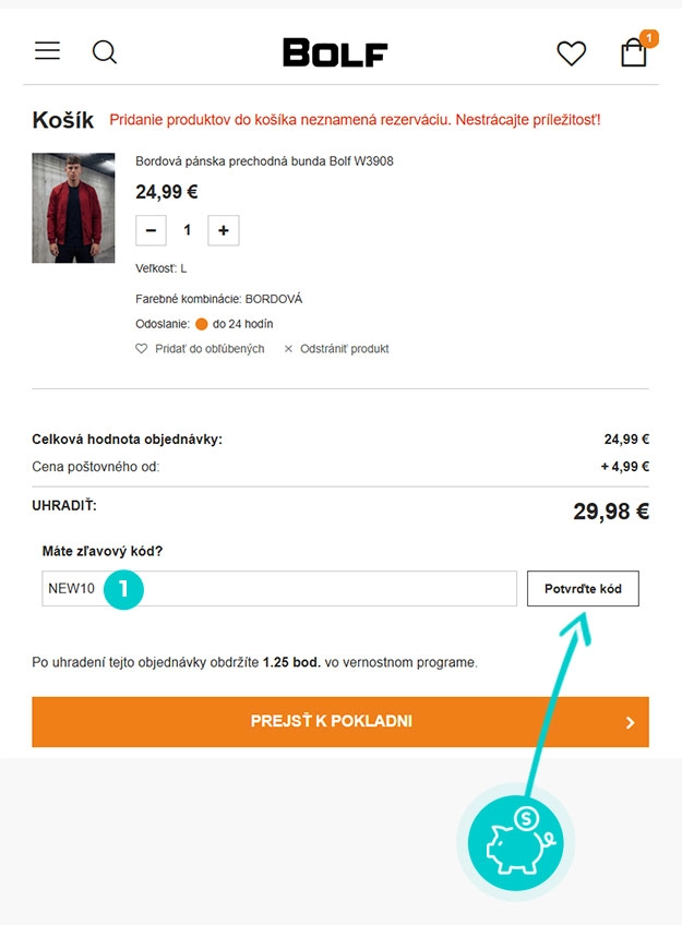 Návod ako uplatniť zľavový kód v košíku e-shopu Bolf