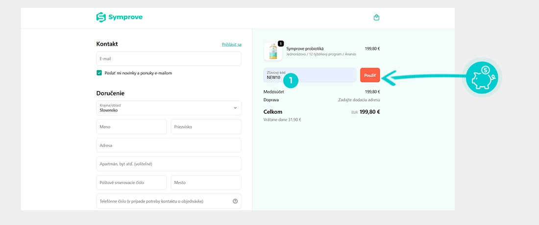 Návod ako uplatniť zľavový kód v košíku e-shopu Symprove