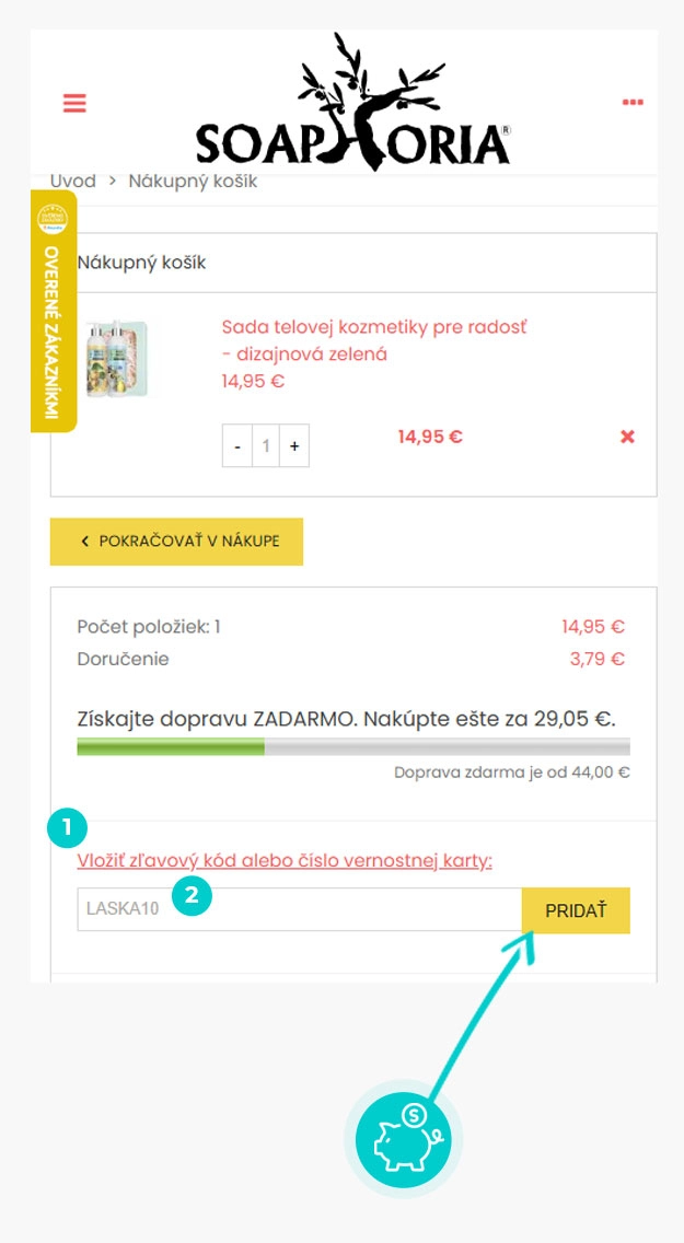 Návod ako uplatniť zľavový kód v košíku e-shopu Soaphoria