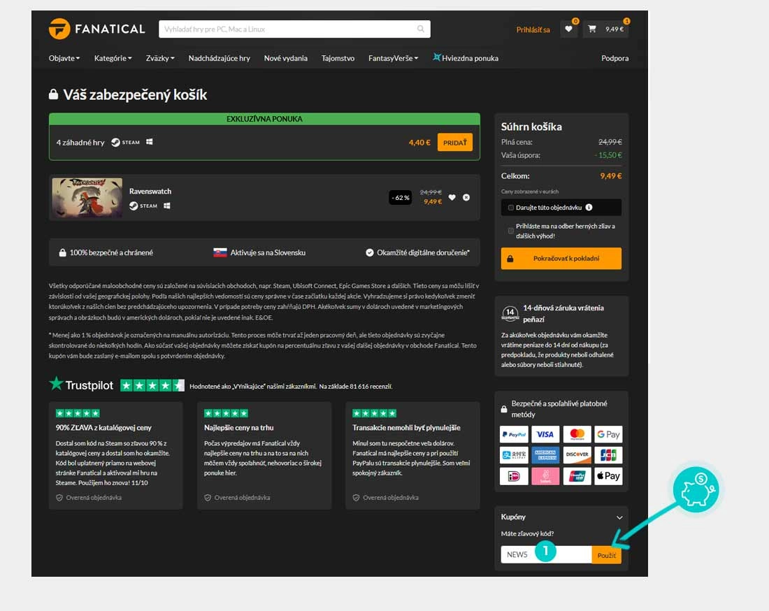 Návod ako uplatniť zľavový kód v košíku e-shopu Fanatical