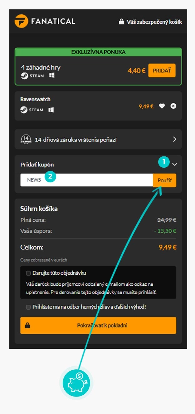 Návod ako uplatniť zľavový kód v košíku e-shopu Fanatical