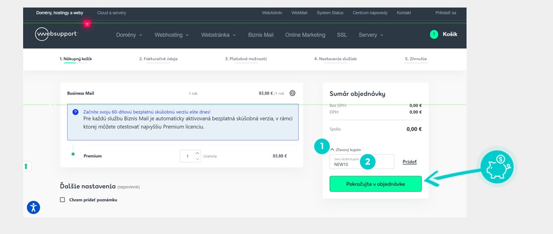Návod ako uplatniť zľavový kód v košíku e-shopu Websupport