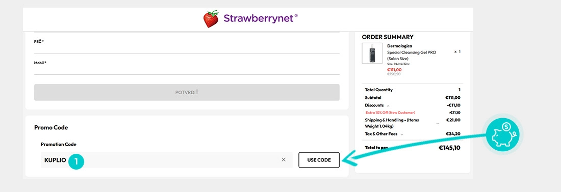 Návod ako uplatniť zľavový kód v košíku e-shopu Strawberrynet