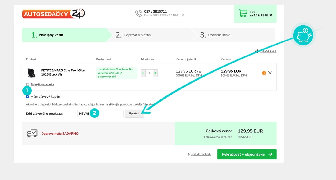 Návod ako uplatniť zľavový kód v košíku e-shopu Autosedačky24