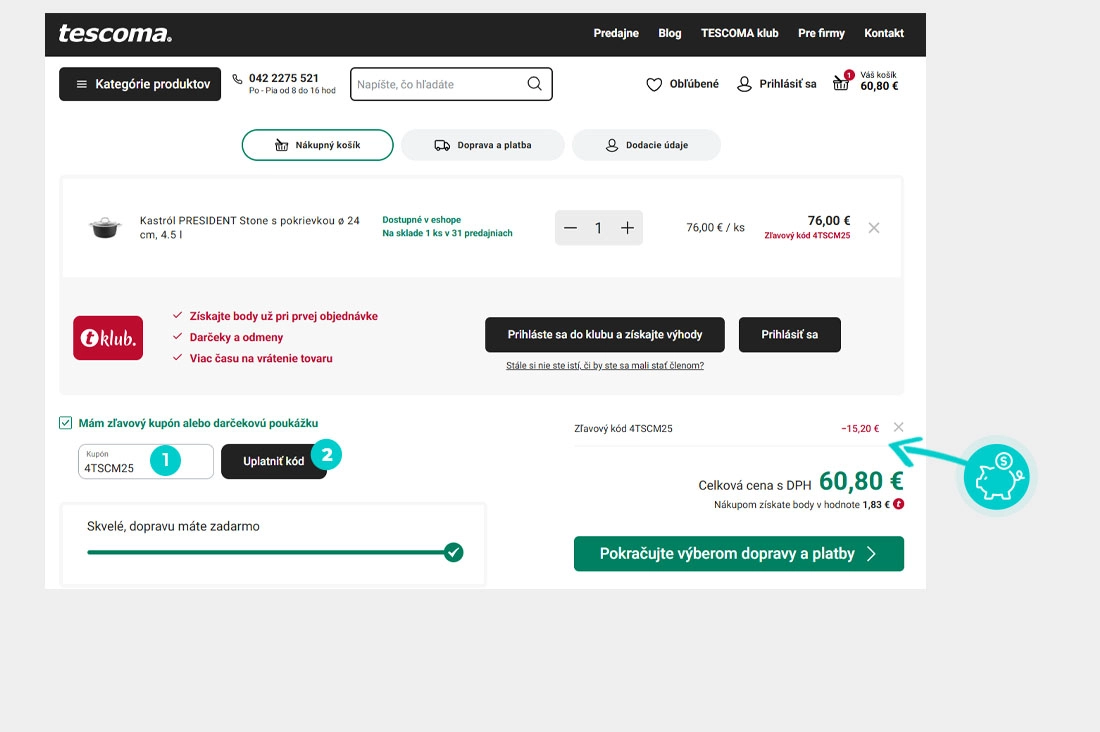 Návod ako uplatniť zľavový kód v košíku e-shopu Tescoma