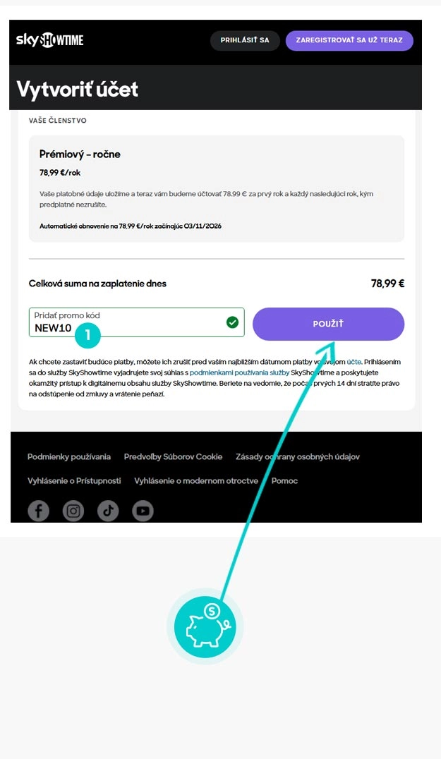 Návod ako uplatniť zľavový kód v košíku e-shopu SkyShowtime