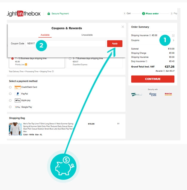 Návod ako uplatniť zľavový kód v košíku e-shopu LightInTheBox