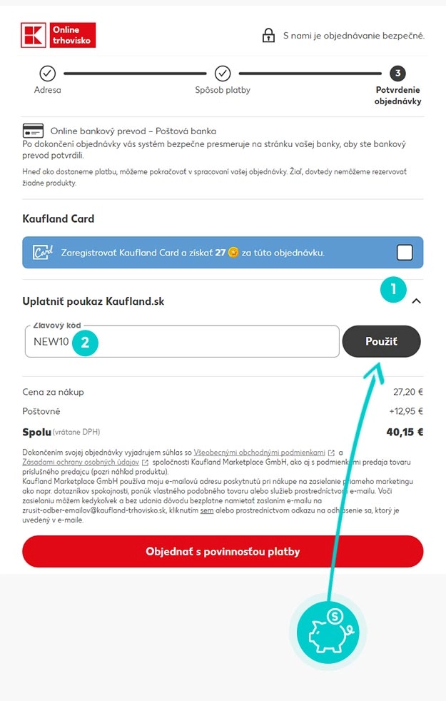 Návod ako uplatniť zľavový kód v košíku e-shopu Kaufland