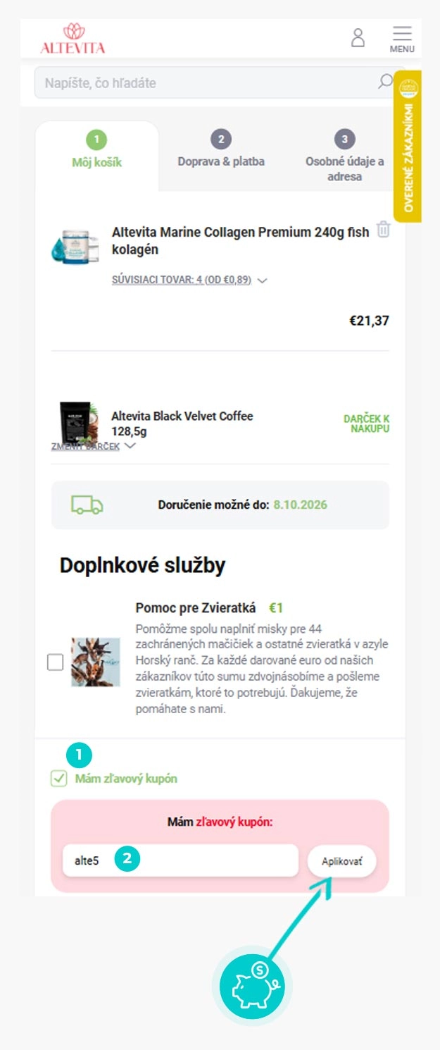 Návod ako uplatniť zľavový kód v košíku e-shopu Altevita