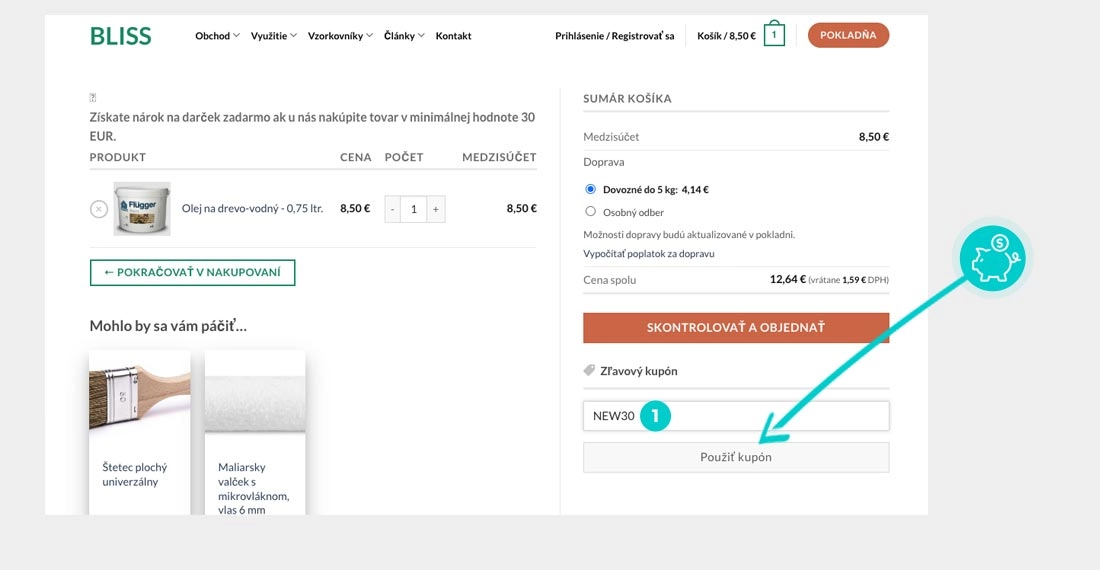 Návod ako uplatniť zľavový kód v košíku e-shopu Bliss