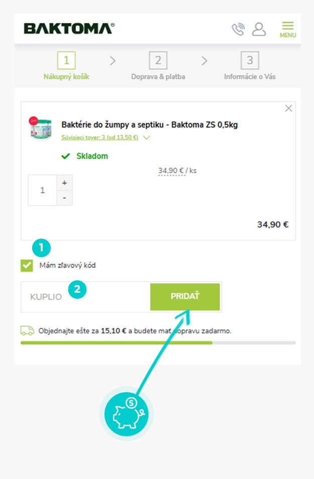 Návod ako uplatniť zľavový kód v košíku e-shopu Baktoma