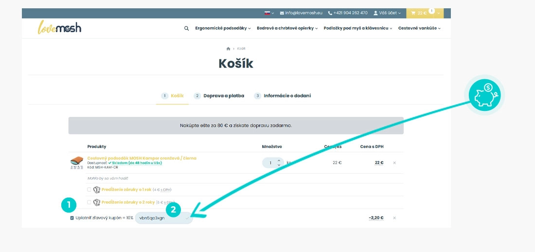 Návod ako uplatniť zľavový kód v košíku e-shopu LoveMosh