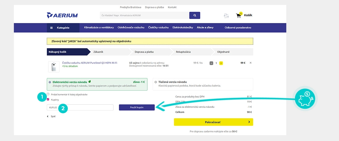 Návod ako uplatniť zľavový kód v košíku e-shopu Aerium