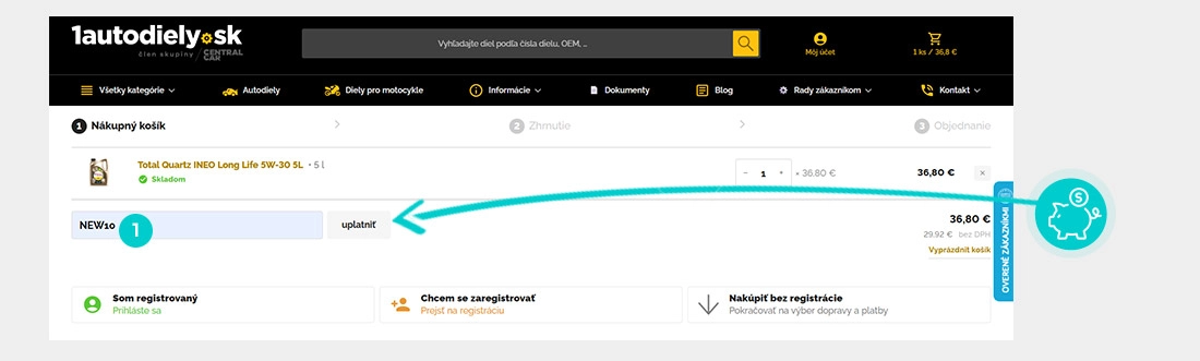 Návod ako uplatniť zľavový kód v košíku e-shopu 1autodiely
