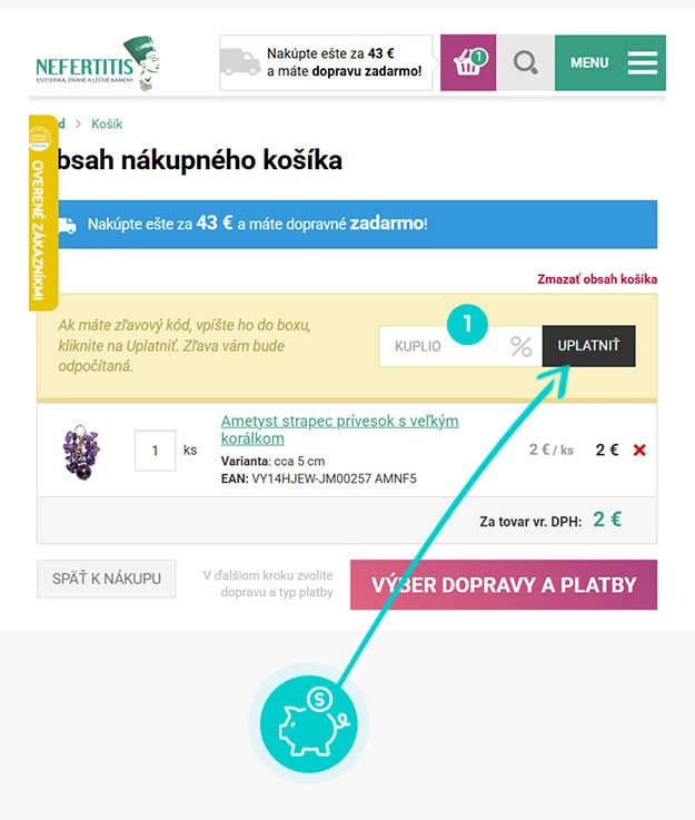 Návod ako uplatniť zľavový kód v košíku e-shopu Nefertitis