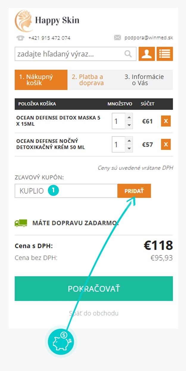 Návod ako uplatniť zľavový kód v košíku e-shopu Happy Skin