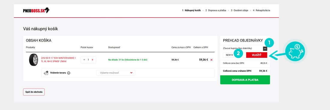 Návod ako uplatniť zľavový kód v košíku e-shopu Pneuboss