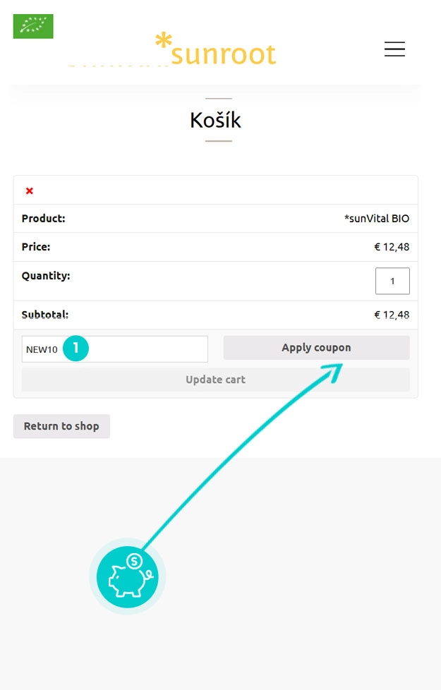 Návod ako uplatniť zľavový kód v košíku e-shopu Sunroot