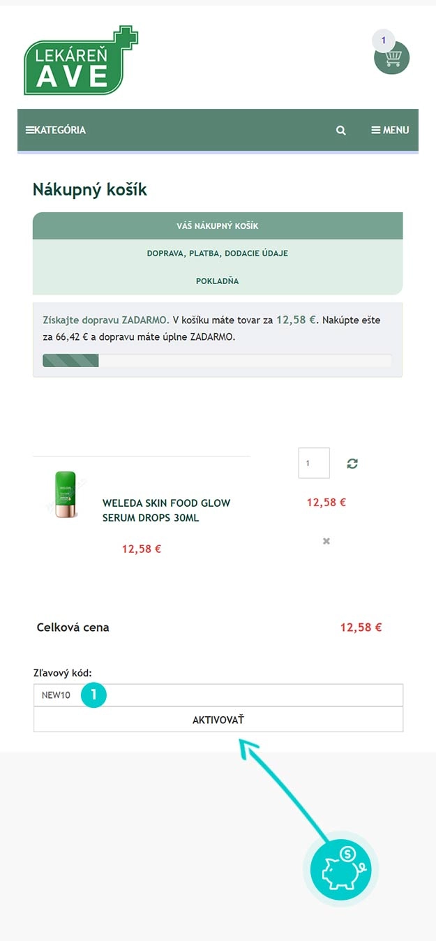 Návod ako uplatniť zľavový kód v košíku e-shopu Lekáreň AVE