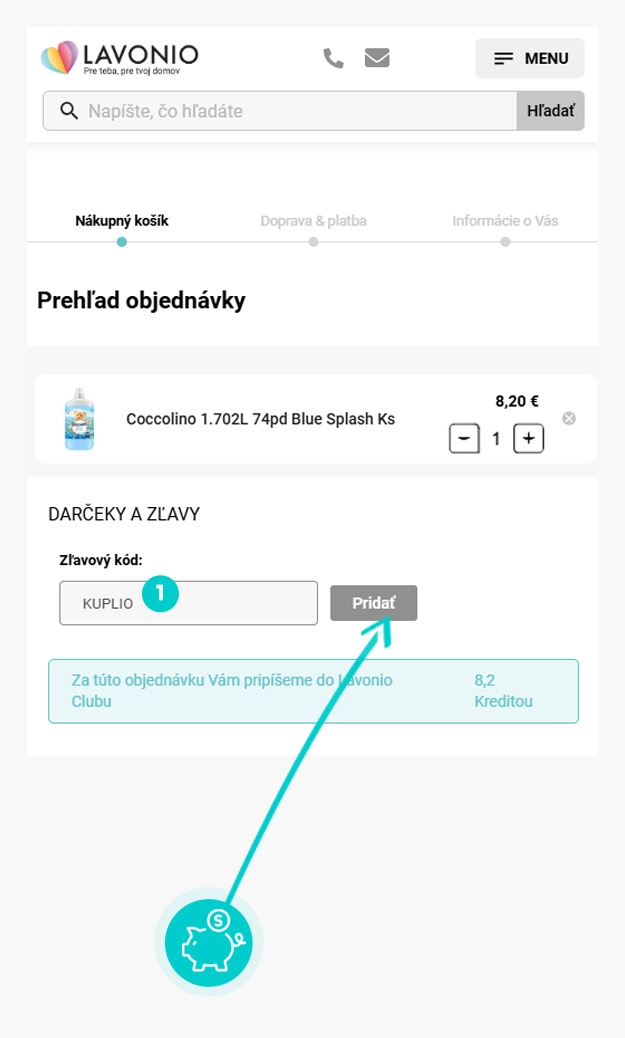 Návod ako uplatniť zľavový kód v košíku e-shopu Lavonio