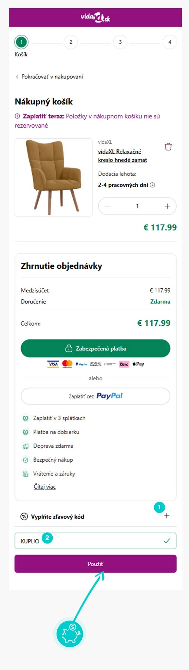 Návod ako uplatniť zľavový kód v košíku e-shopu vidaXL