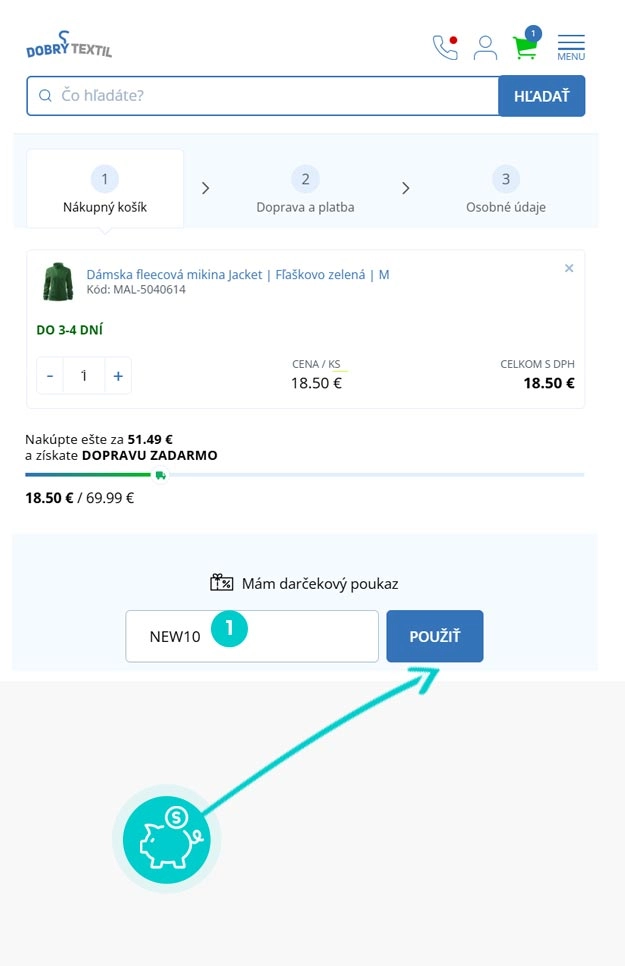 Návod ako uplatniť zľavový kód v košíku e-shopu Dobrý textil