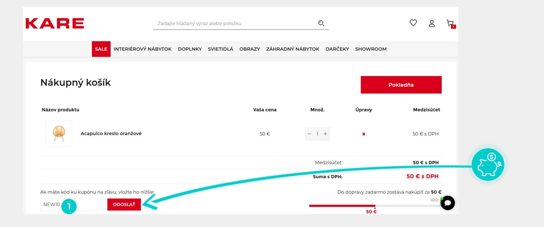 Návod ako uplatniť zľavový kód v košíku e-shopu Kare
