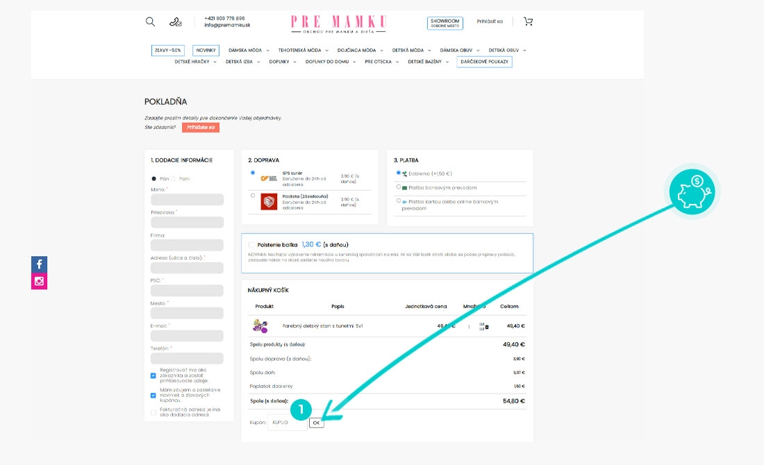 Návod ako uplatniť zľavový kód v košíku e-shopu PreMamku