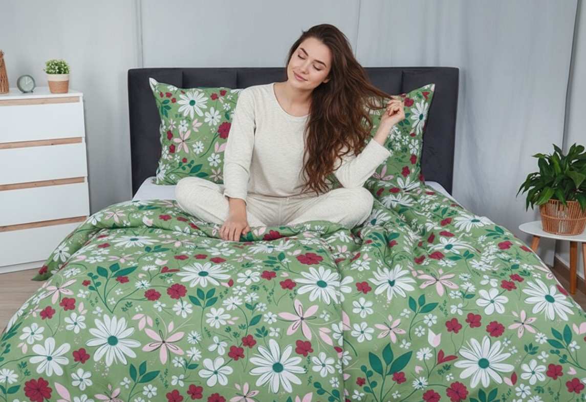 Žena v pyžame sediaca na posteli s kvetinovými obliečkami
