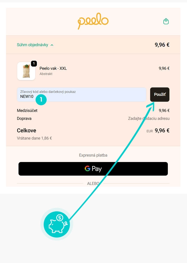 Návod ako uplatniť zľavový kód v košíku e-shopu Peelo