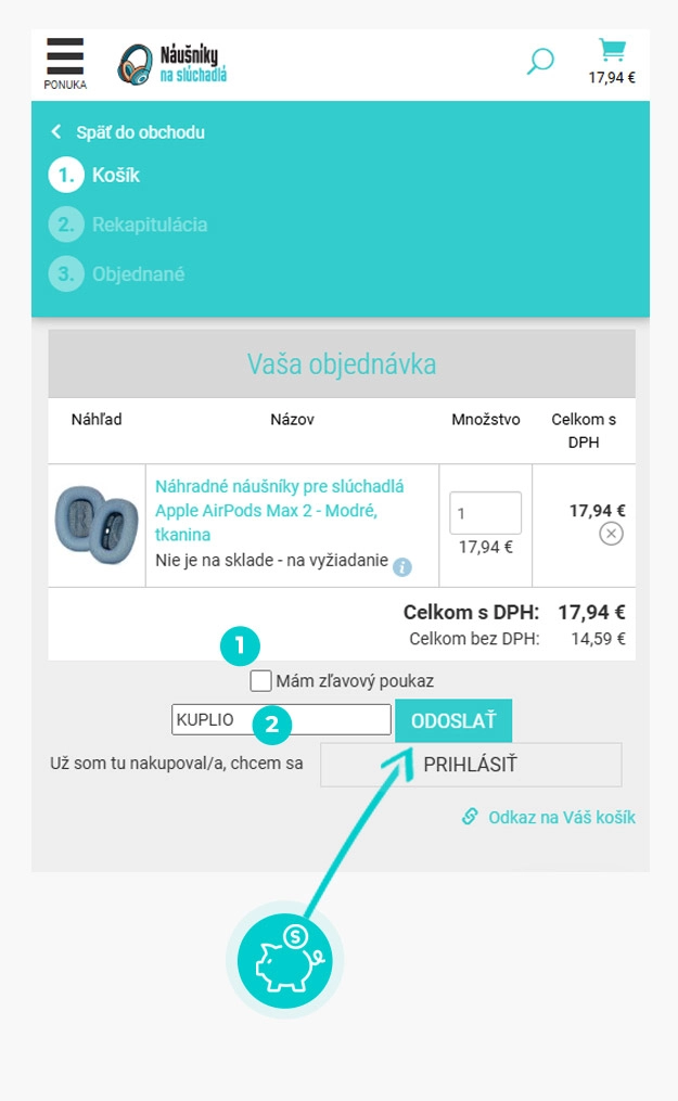 Návod ako uplatniť zľavový kód v košíku e-shopu Náušníky na slúchadlá