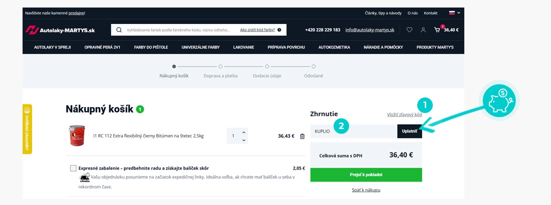 Návod ako uplatniť zľavový kód v košíku e-shopu Autolaky-martys.sk