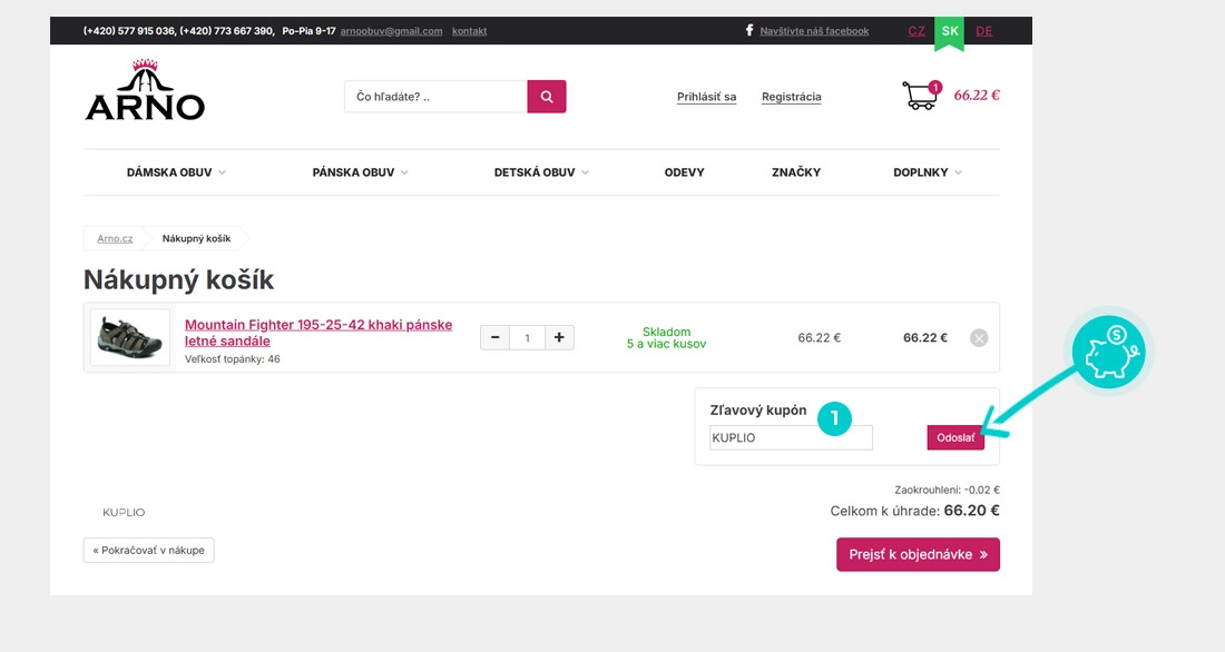 Návod ako uplatniť zľavový kód v košíku e-shopu Arno obuv