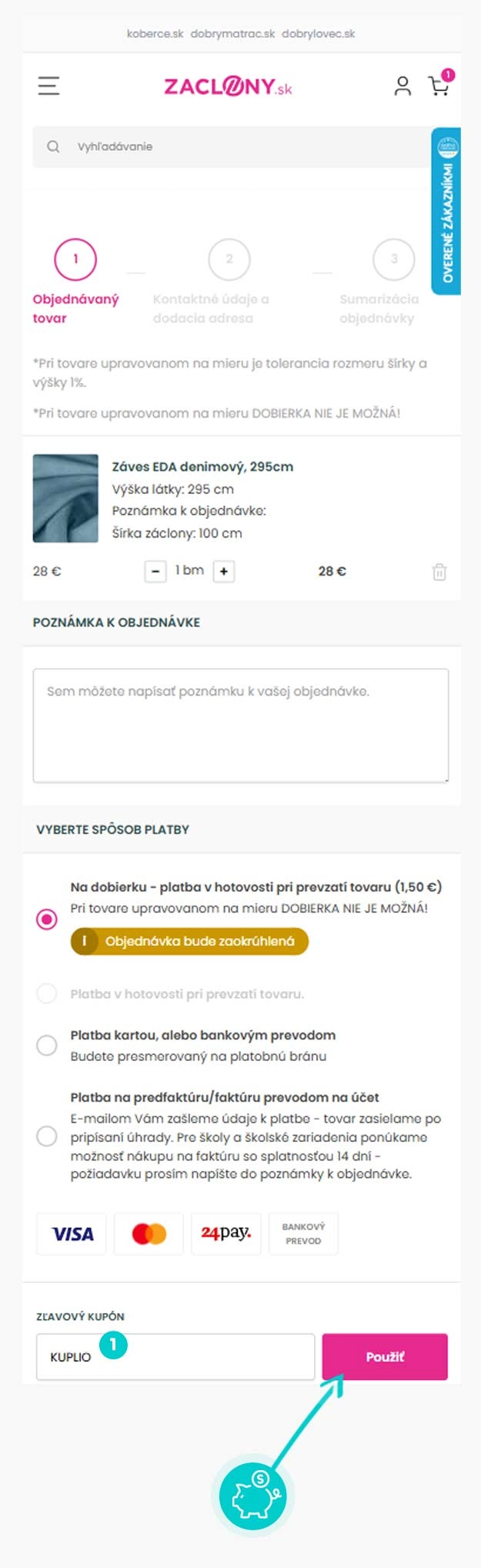 Návod ako uplatniť zľavový kód v košíku e-shopu Zaclony.sk