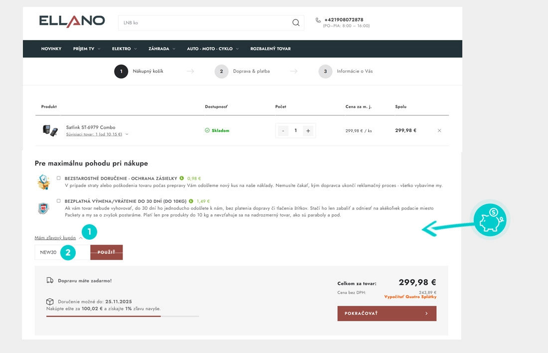 Návod ako uplatniť zľavový kód v košíku e-shopu Satelity.Ellano