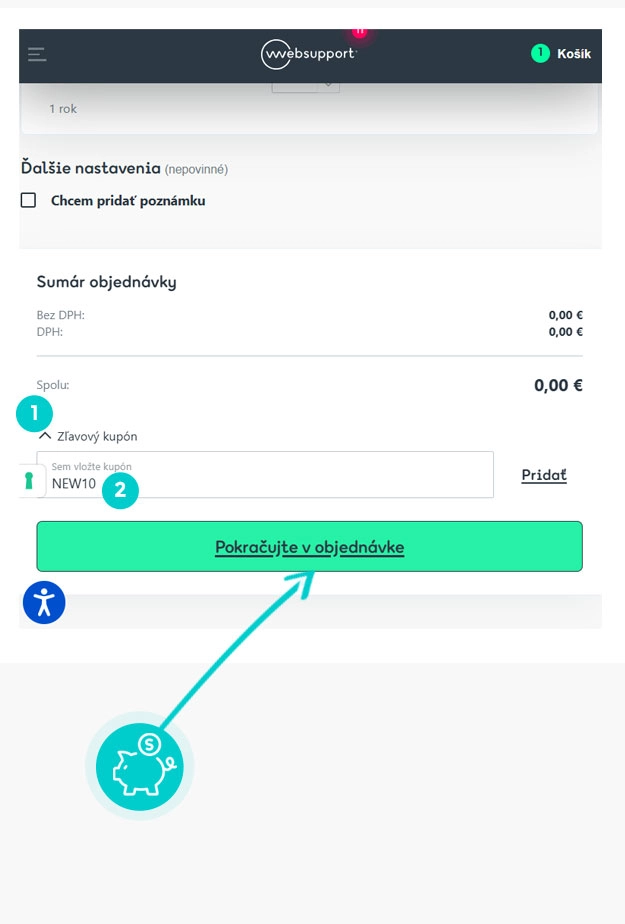 Návod ako uplatniť zľavový kód v košíku e-shopu Websupport