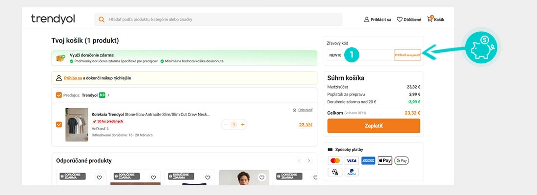 Návod ako uplatniť zľavový kód v košíku e-shopu Trendyol