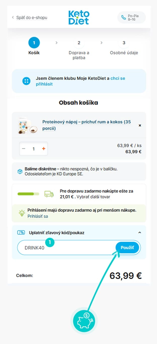 Návod ako uplatniť zľavový kód v košíku e-shopu KetoDiet