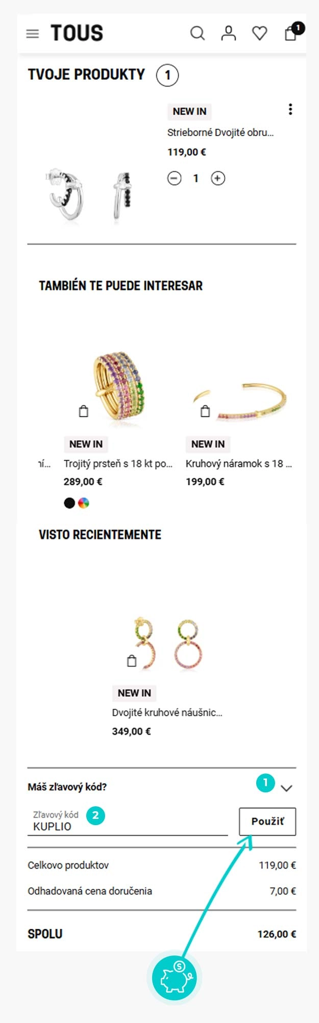 Návod ako uplatniť zľavový kód v košíku e-shopu Tous