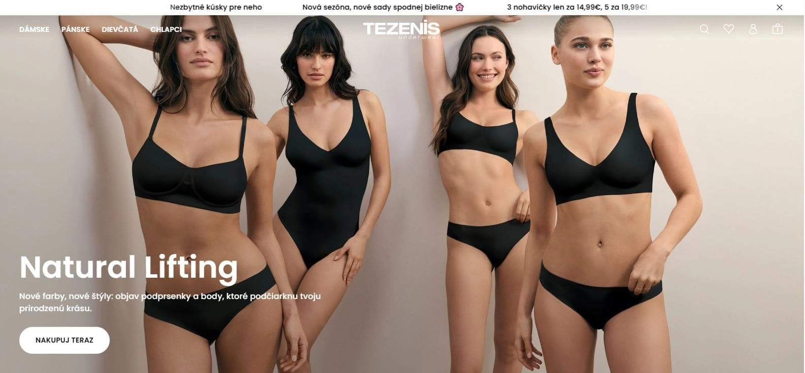 Homepage e-shopu Tezenis, kde sú štyri ženy v čiernom spodnom prádle