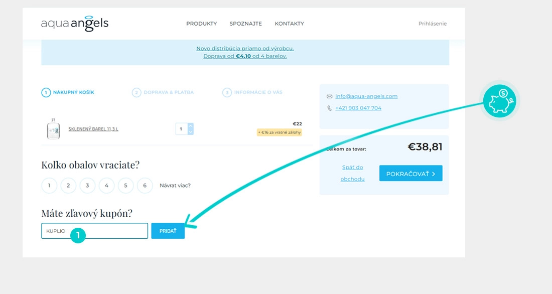 Návod ako uplatniť zľavový kód v košíku e-shopu Aqua Angels