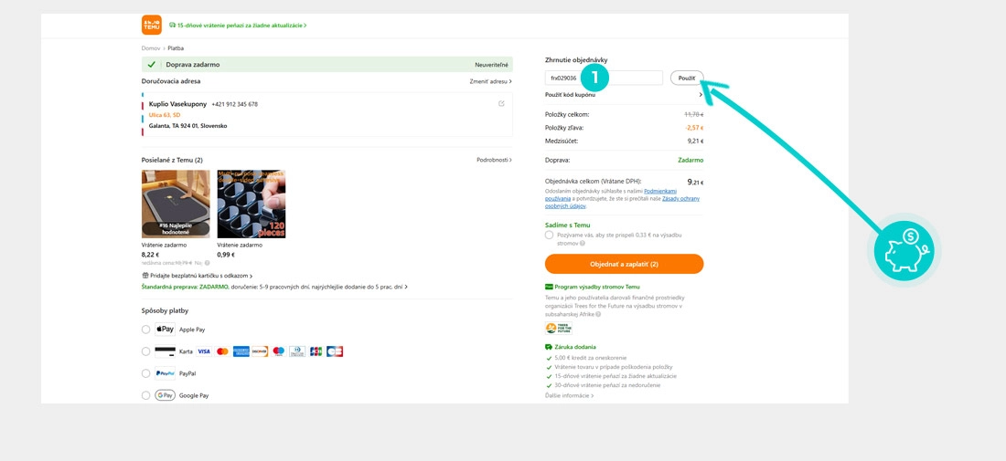 Návod ako uplatniť zľavový kód v košíku e-shopu Temu