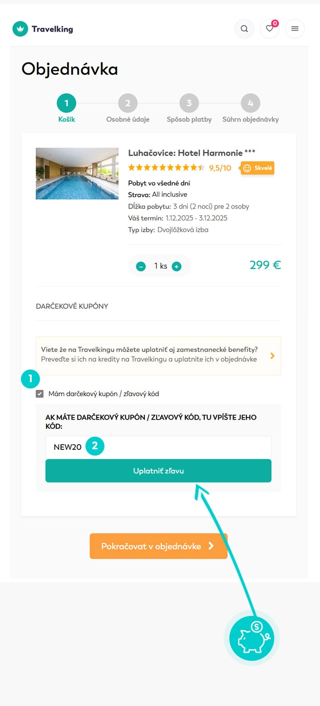 Návod ako uplatniť zľavový kód v košíku e-shopu Travelking