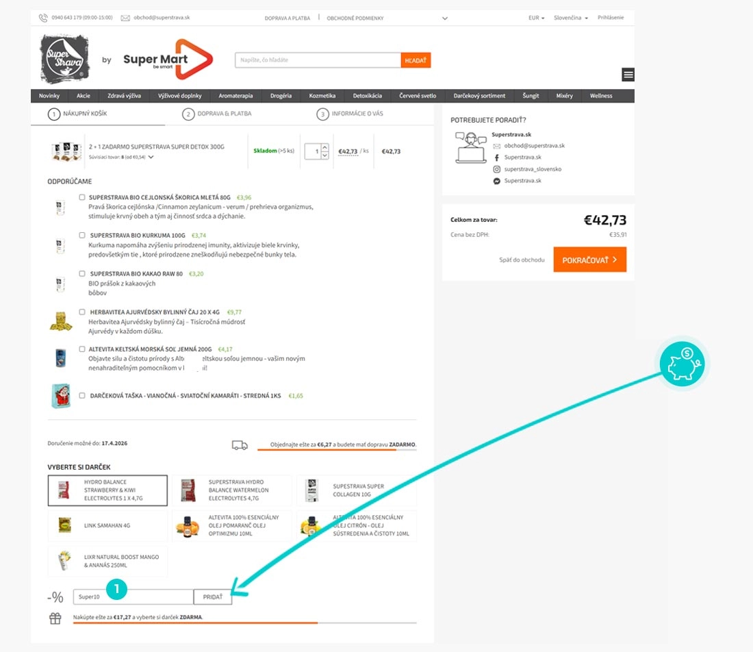 Návod ako uplatniť zľavový kód v košíku e-shopu Superstrava