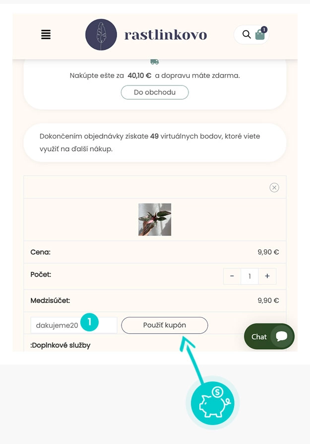 Návod ako uplatniť zľavový kód v košíku e-shopu Rastlinkovo