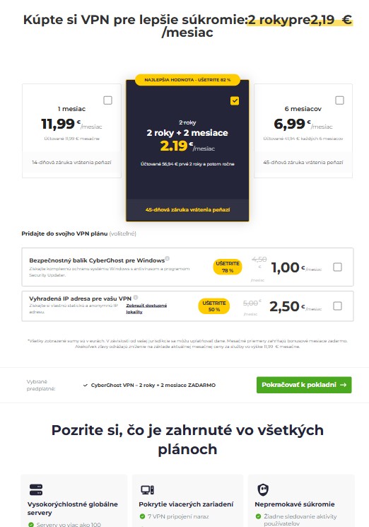 predplatné balíkov služby VPN