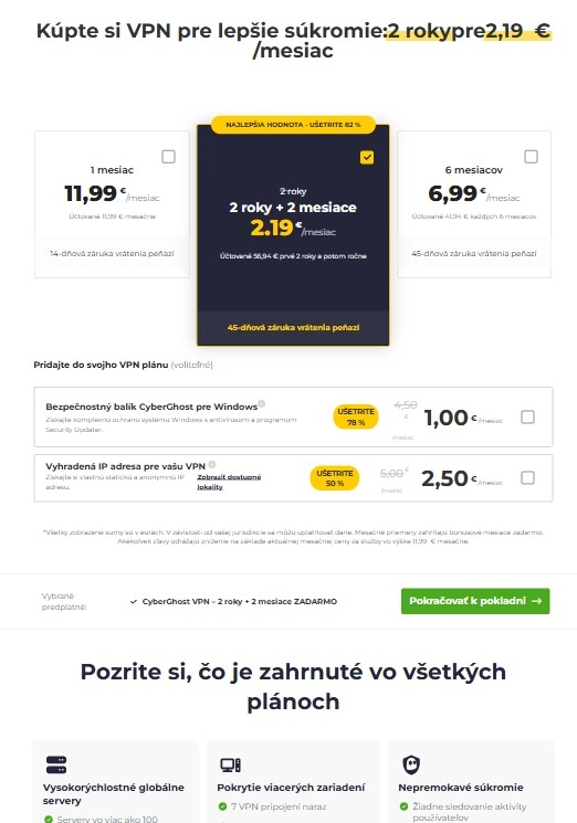 predplatné balíkov služby VPN